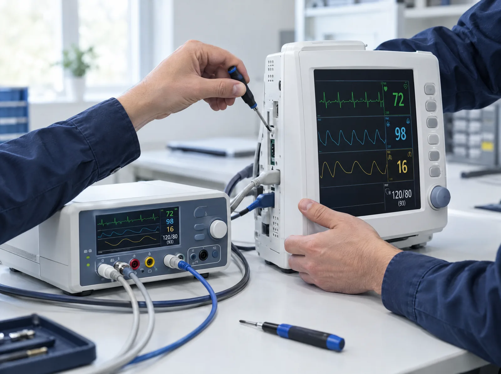 Manos de un ingeniero biomédico calibrando un monitor de signos vitales con un simulador de paciente (imagen ilustrativa)
